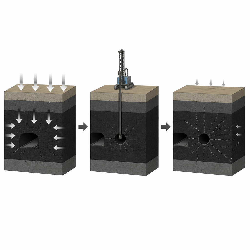 Figure 1. Hoe het boren van een gat in belaste steenkool spannings- en scheurpatronen verandert om druk veiliger te verlichten.