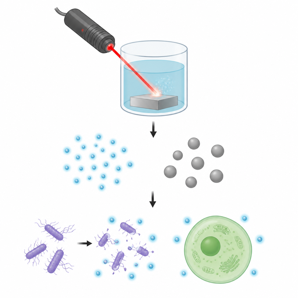 Figure 1. Puntos nano de óxido de zinc fabricados con láser en agua actúan como limpiadores diminutos que atacan a las bacterias con más eficacia que partículas mayores y a dosis más bajas.