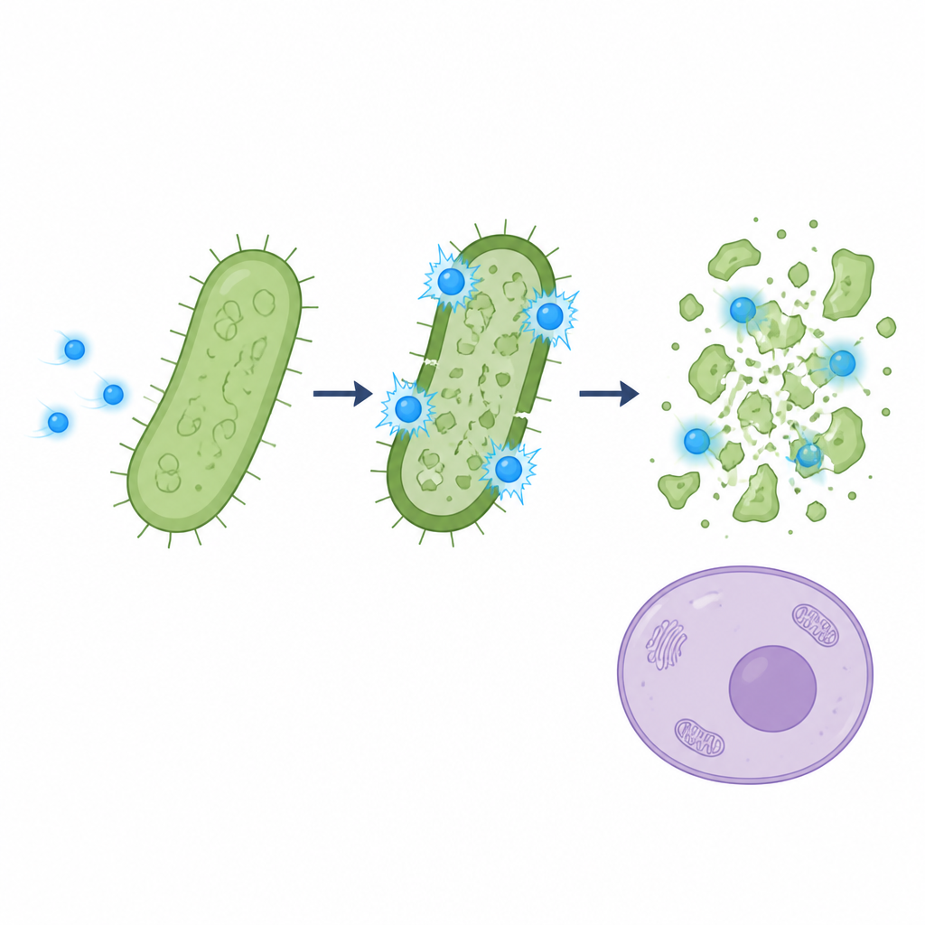 Figure 2. Los pequeños puntos de óxido de zinc se adhieren a las bacterias, desencadenan daños y las fragmentan, mientras que las células sanas cercanas permanecen en gran medida indemnes.