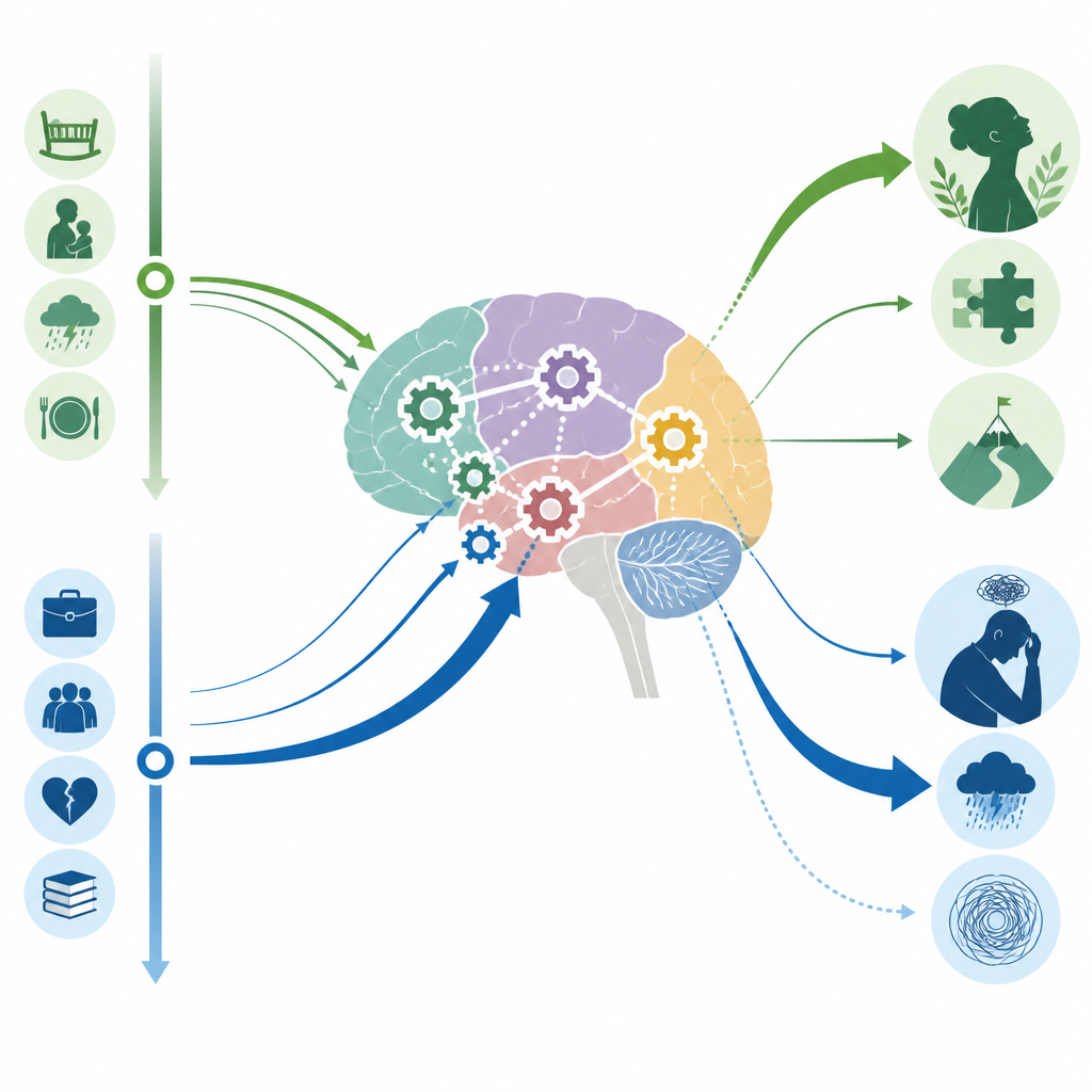 Figure 2. How childhood and recent stress connect differently to thinking skills and mood in young adults