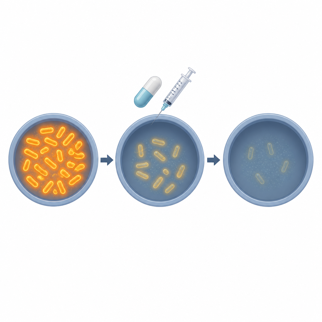 Figure 2. Stepwise fading glow from bacteria in a dish shows how antibiotics gradually kill tuberculosis-like germs.