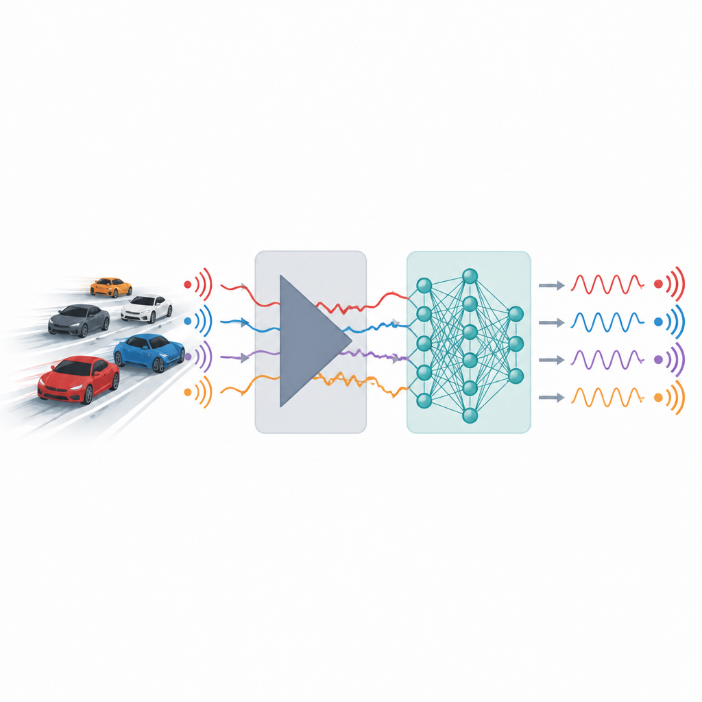 Figure 1. Snel bewegende voertuigen zenden vervormde draadloze signalen uit die een slimme ontvanger reinigt met vermogensbewuste neurale verwerking.