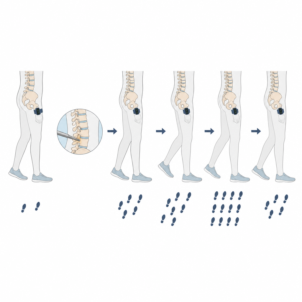 Figure 2. Wearable devices reveal steps fall after surgery, then recover and level off with only small long term activity gains.