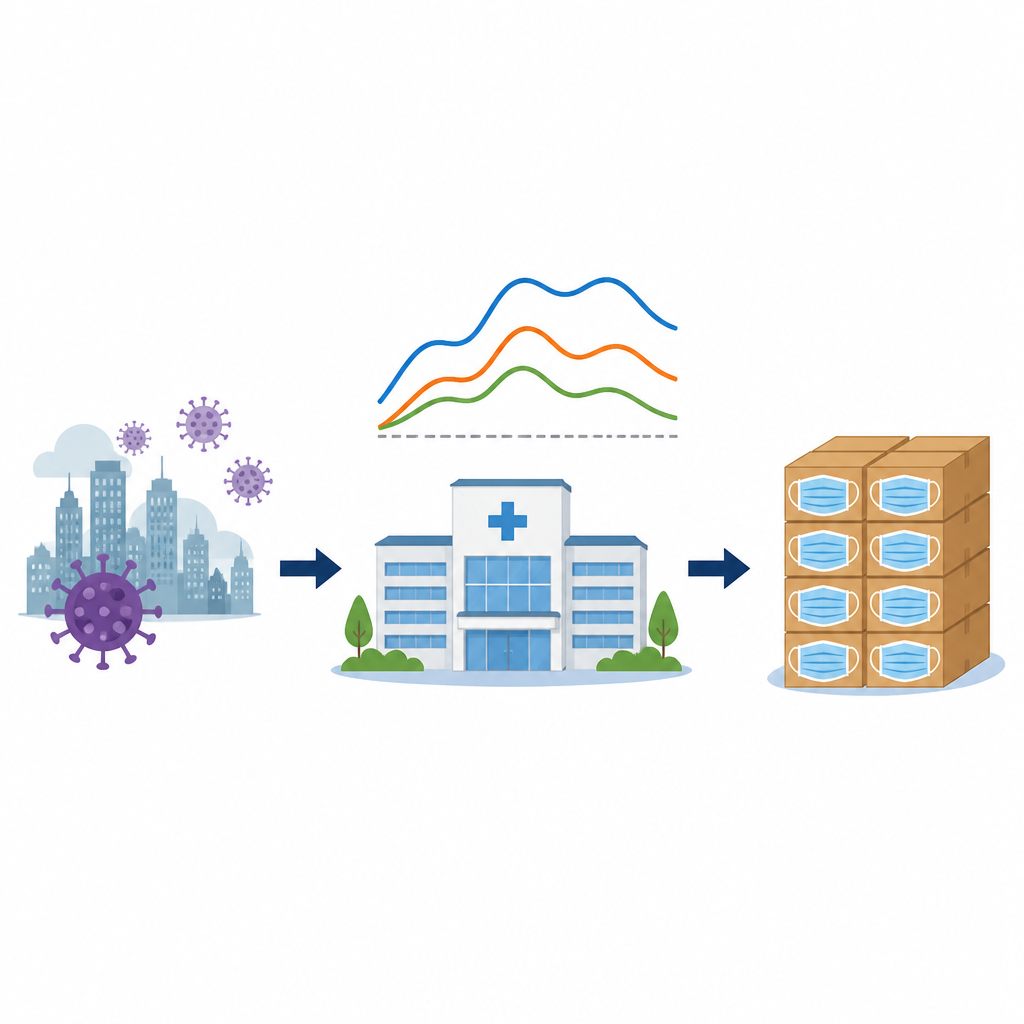 Figure 1. Come un ospedale può usare un modello semplice per trasformare una breve storia di utilizzo delle mascherine in una pianificazione degli stock più intelligente durante un’epidemia.