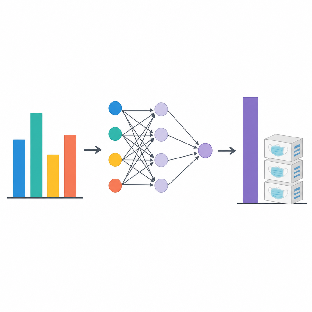 Figure 2. Come una breve serie di giorni di utilizzo giornaliero delle mascherine scorre attraverso una piccola rete neurale per prevedere la domanda del giorno successivo.