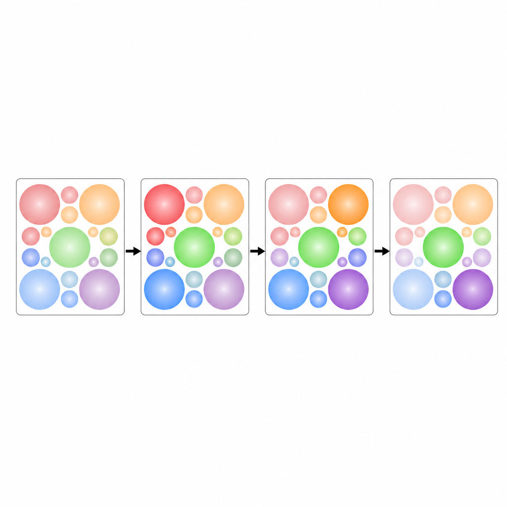 Figure 2. Manchas circulares dentro de pequeñas baldosas cambian suavemente en el tiempo para mostrar cómo interactúan múltiples señales de sensores de forma estable