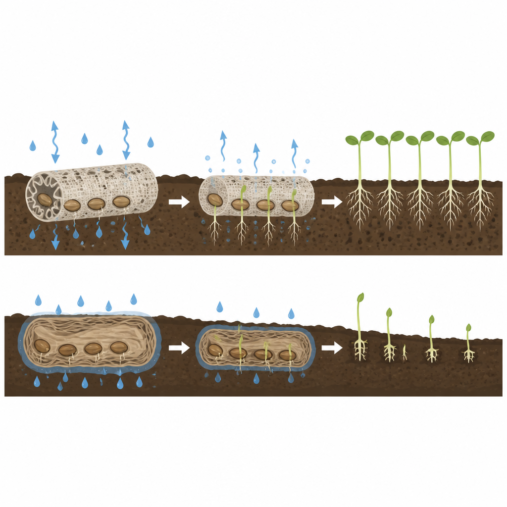 Figure 2. Hoe stoffen en papieren zaaddraden water, lucht en weerstand rond rijstzaden vormen en hun vroege wortel- en scheutgroei beïnvloeden.