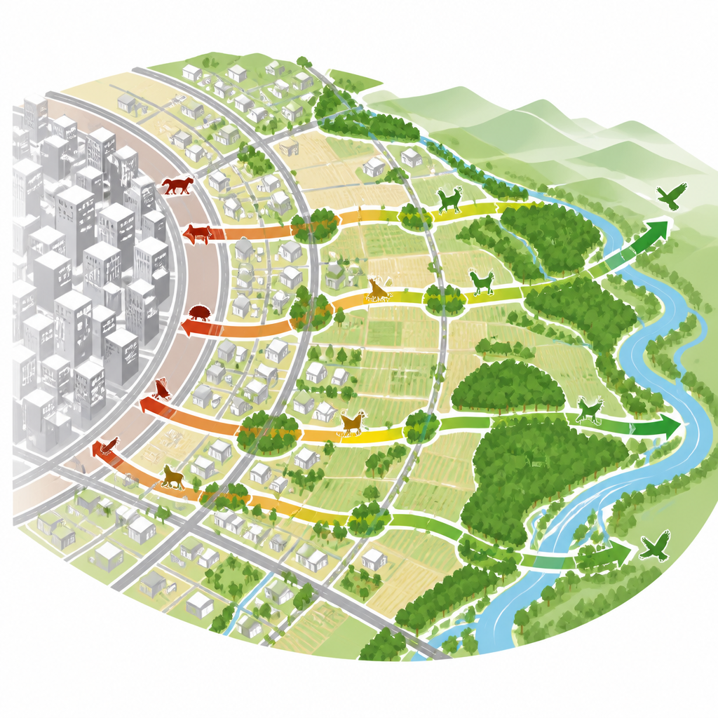 Figure 2. Cómo los parches verdes y los corredores para la fauna se entretejen a lo largo del borde urbano a pesar de las barreras humanas.