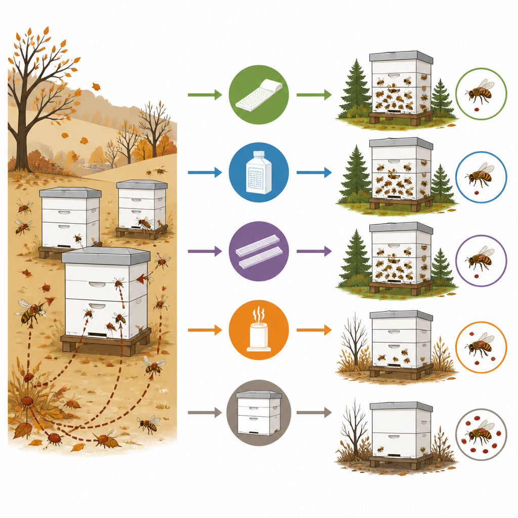 Figure 1. Hoe late-seizoen mijtenbehandelingen de overwintering van bijenkolonies en de algemene Varroa-niveaus beïnvloeden.