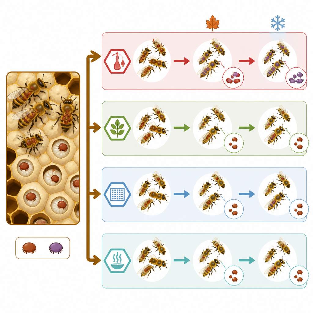 Figure 2. Hoe verschillende mijtenbehandelingen de samenstelling van gevoelige en resistente Varroa-mijten veranderen van herfst tot na de winter.