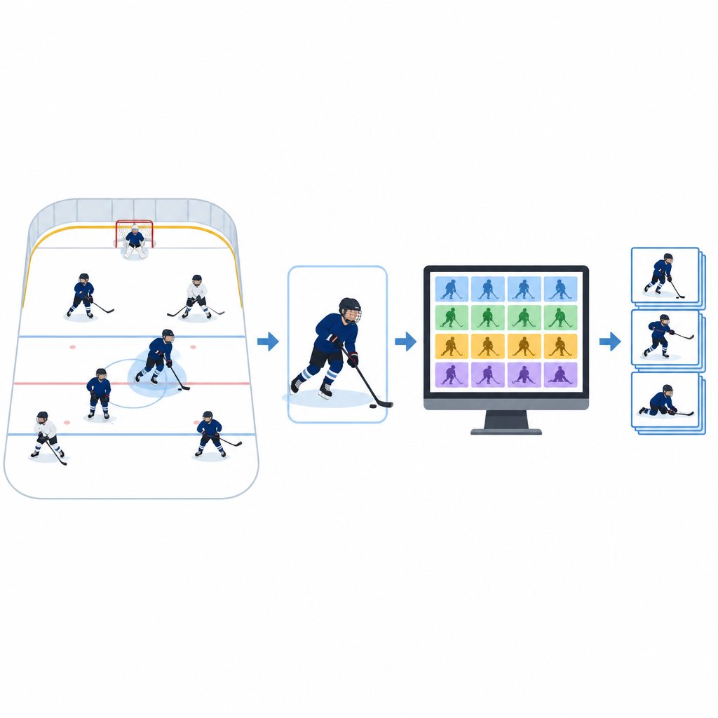 Figure 1. Gebruik van reguliere jeugdhockeywedstrijdvideo’s om automatisch te signaleren wanneer spelers op het ijs tegen elkaar botsen.