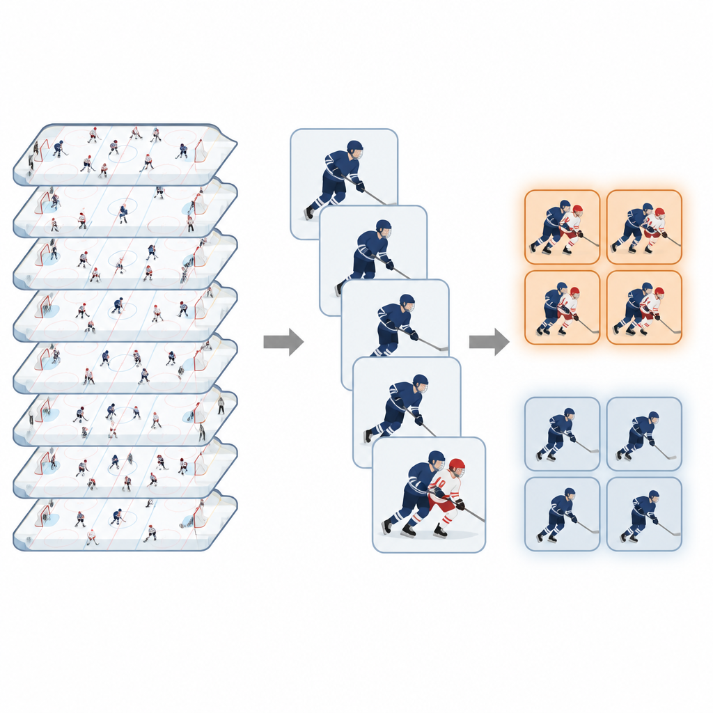 Figure 2. Aantonen hoe AI elke speler uit wedstrijdbeelden uitsnijdt om clips te sorteren in waarschijnlijke contact- en niet-contactmomenten.