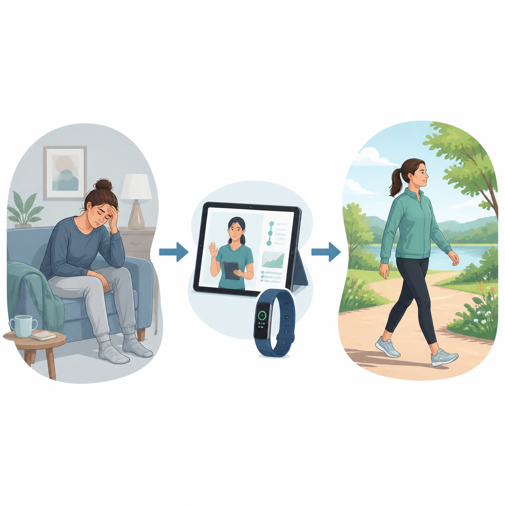 Figure 1. El entrenamiento remoto combinado con el seguimiento de la actividad ayuda a las personas con COVID prolongado a moverse más y a sentarse menos con el tiempo.