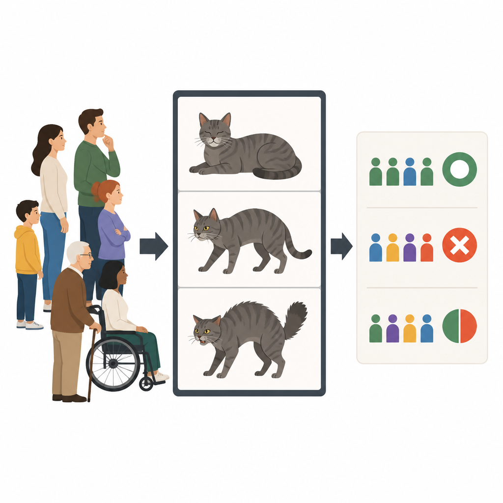 Figure 1. Personas con distintos antecedentes intentando juzgar si los gatos parecen relajados, tensos o asustados a partir de videos breves y sin sonido.