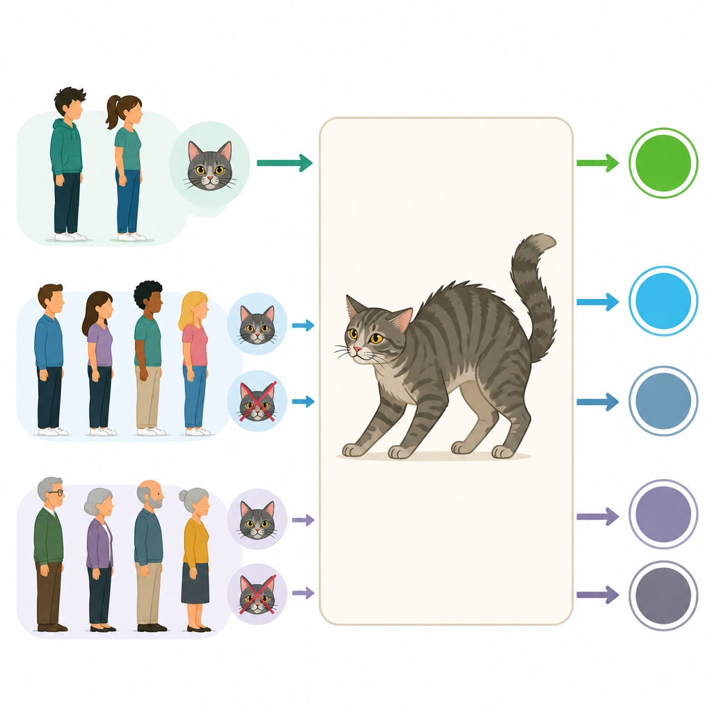 Figure 2. Cómo la edad, el género y la experiencia de tener gatos modifican la capacidad de una persona para reconocer el estrés de un gato por su postura corporal y la posición de la cola.