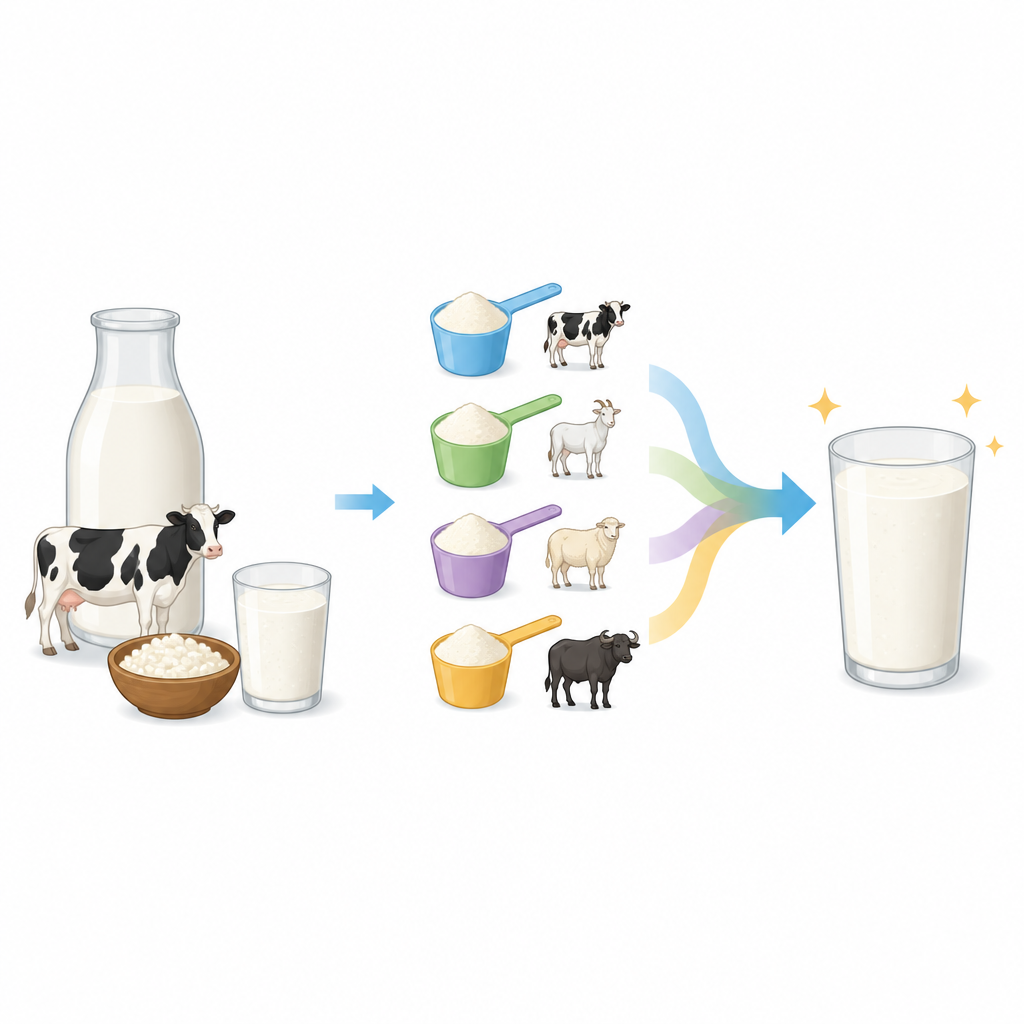 Figure 1. Cómo añadir una pequeña cantidad de polvo de la «primera leche» cambia el aspecto, la textura y el aroma de bebidas de kéfir cotidianas.