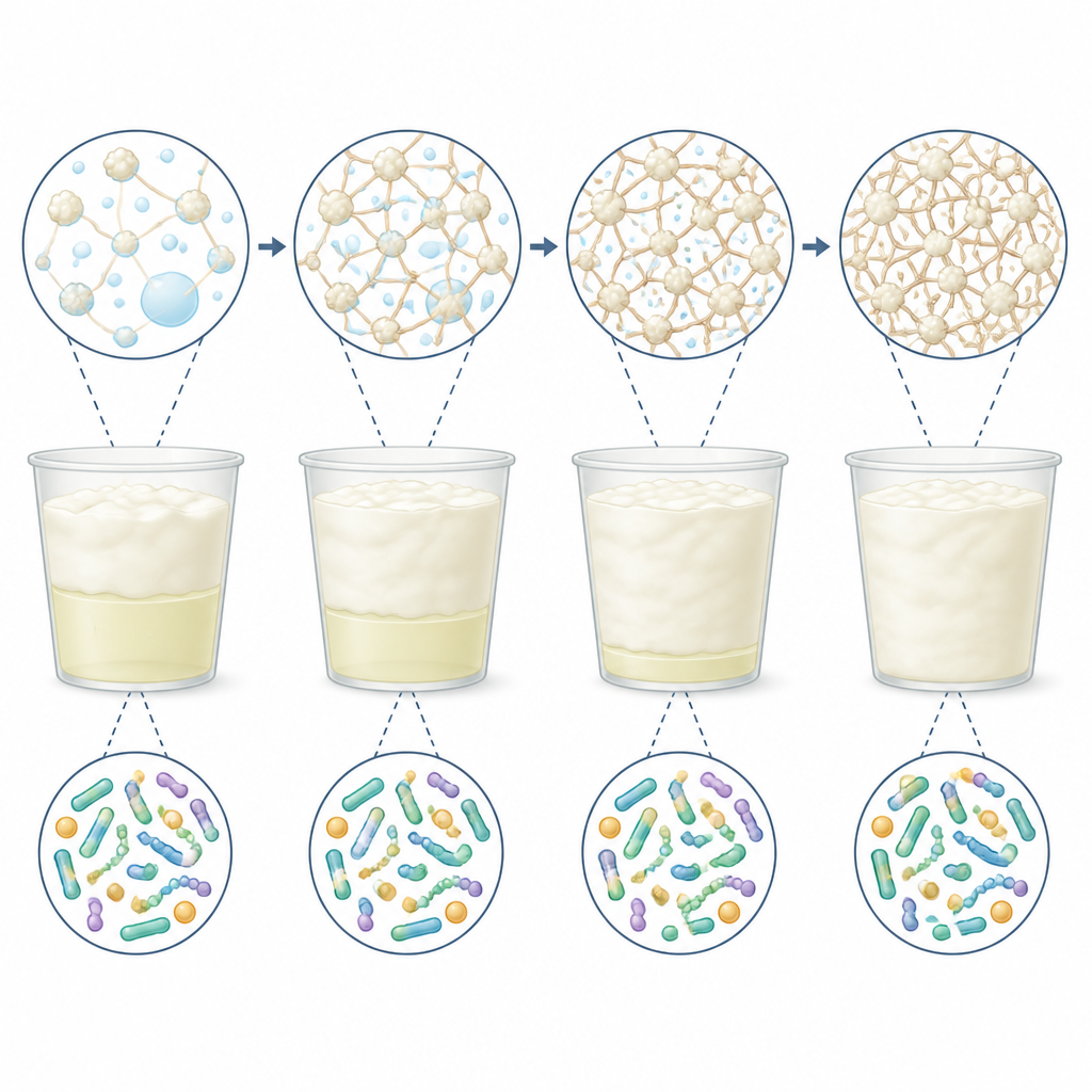 Figure 2. Cómo el polvo de calostro refuerza la estructura del kéfir, reduce la separación de suero y favorece a las bacterias beneficiosas con el tiempo.