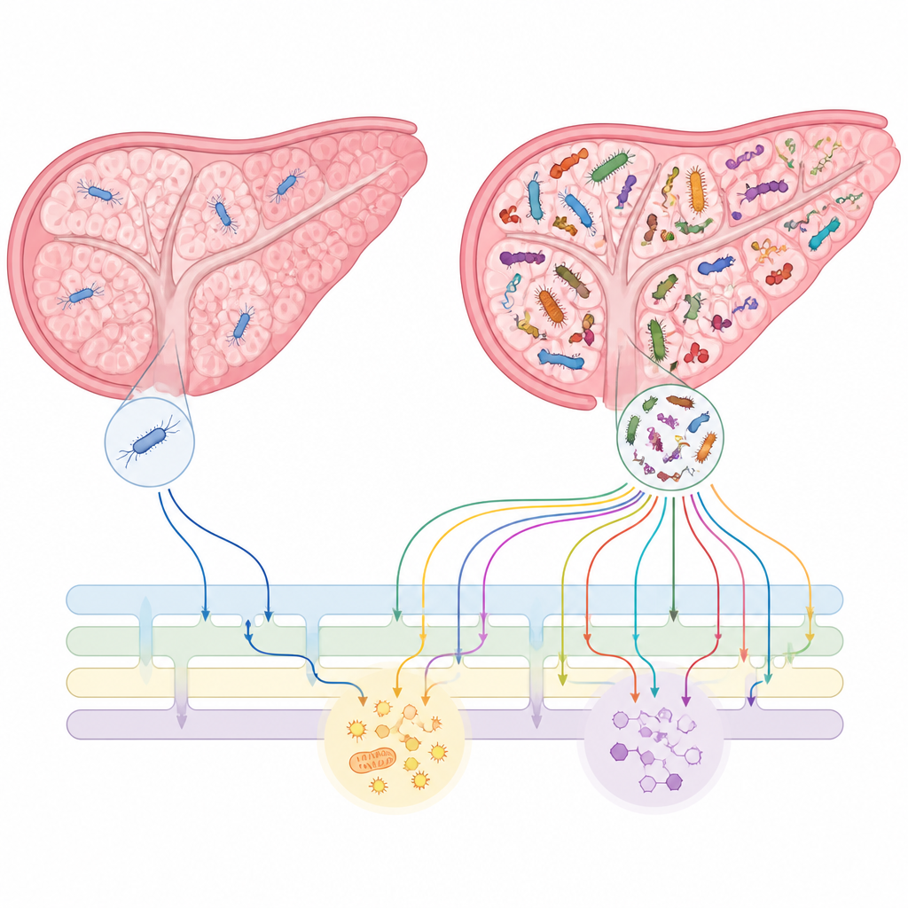 Figure 2. How changes in pancreatic bacteria and their chemical pathways differ between inflammation and cancer.