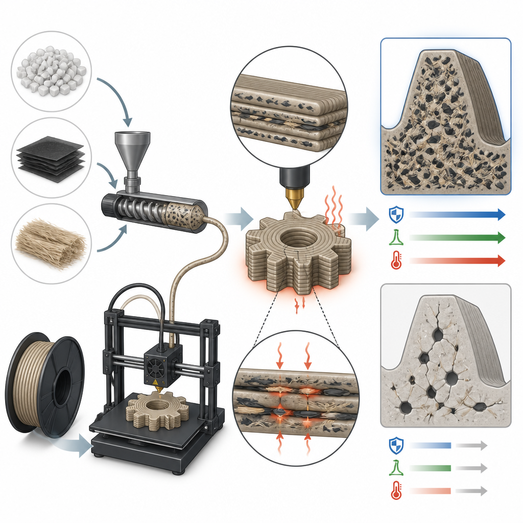 Figure 2. Come le lamelle di grafene e le fibre vegetali si disperdono negli strati plastici stampati in 3D per aumentare resistenza meccanica e resistenza al calore degli ingranaggi.