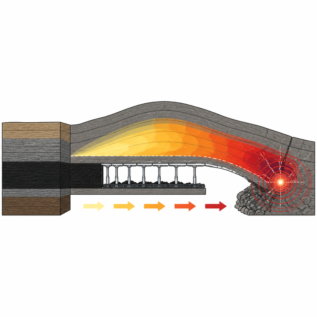 Figure 1. Come il passo dell'estrazione del carbone modifica le tensioni in un tetto roccioso duro e il rischio di scoppi improvvisi di roccia sottoterra.