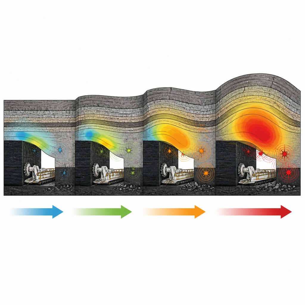 Figure 2. Come un'estrazione più rapida flette un tetto rigido, accumula maggiore energia elastica e sposta i piccoli terremoti da davanti a dietro il fronte di scavo.