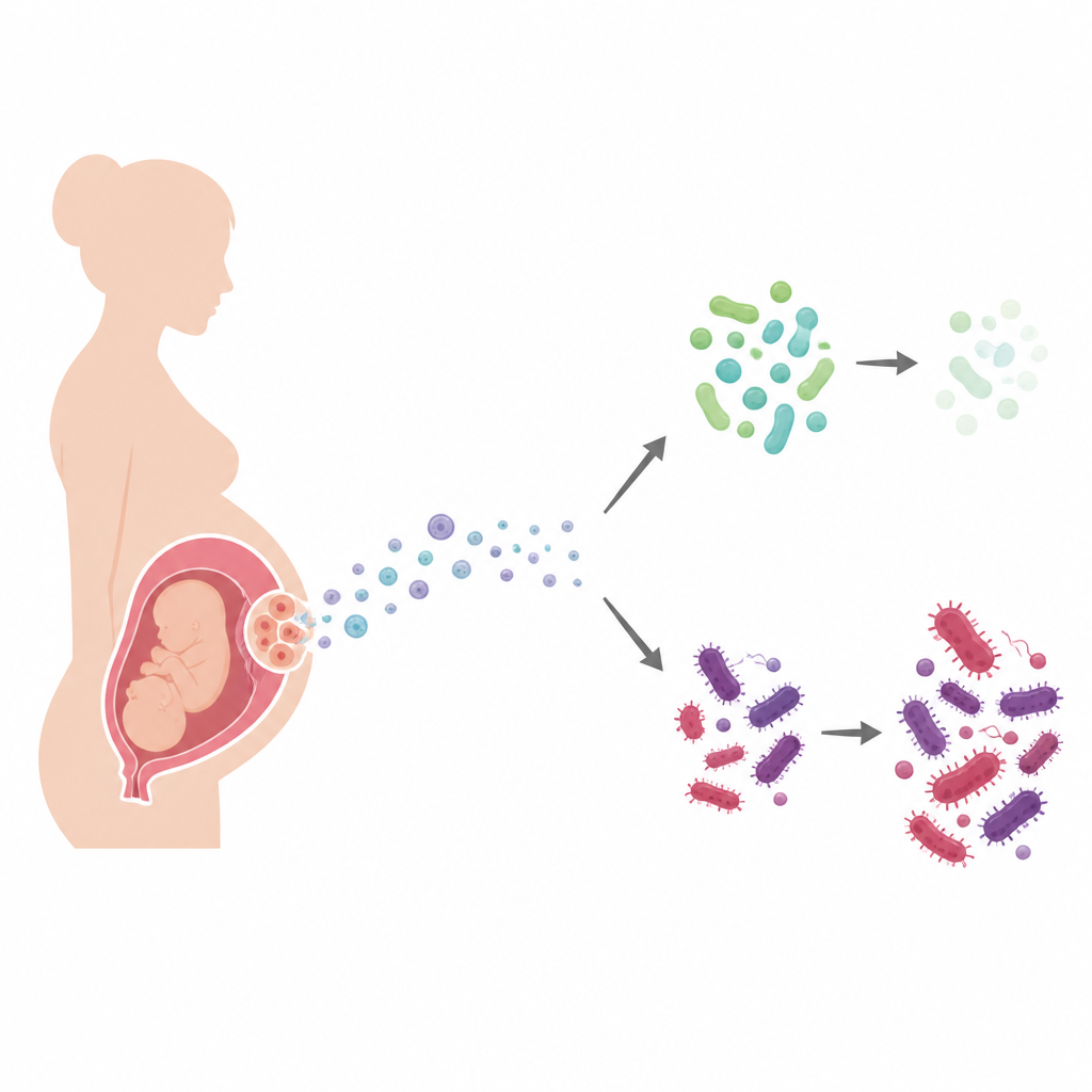 Figure 1. Inflamed womb cells send tiny vesicles that shift vaginal bacteria from helpful Lactobacillus toward harmful species.