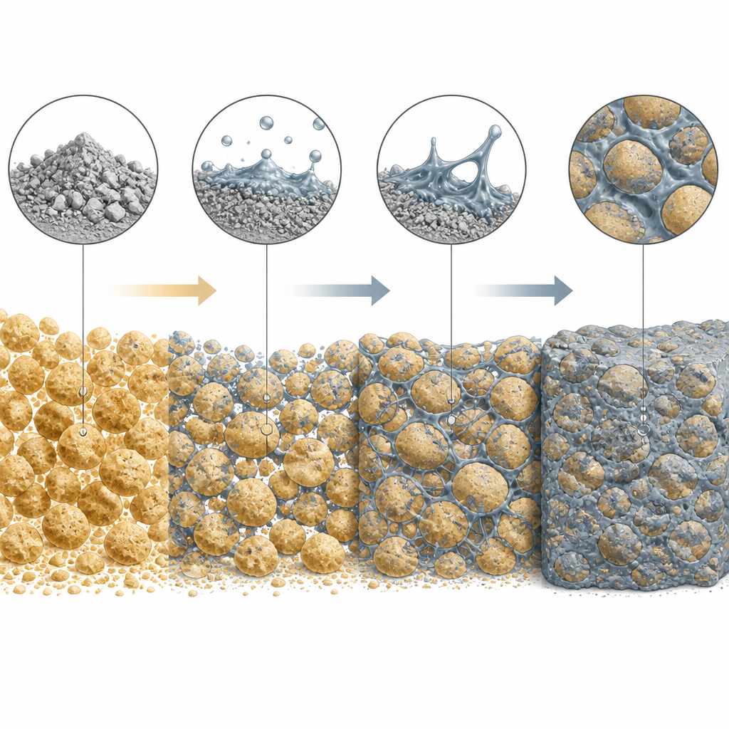 Figure 2. Gel from activated waste concrete powder coats and bridges sand grains, turning loose soil into a dense solid layer.