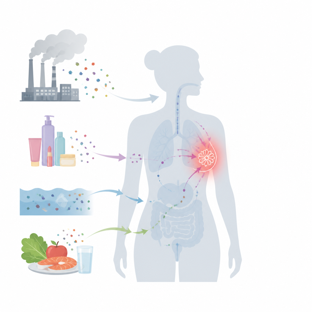 Figure 1. Come le sostanze chimiche industriali nell’ambiente possono influenzare il rischio di cancro al seno attraverso vie biologiche