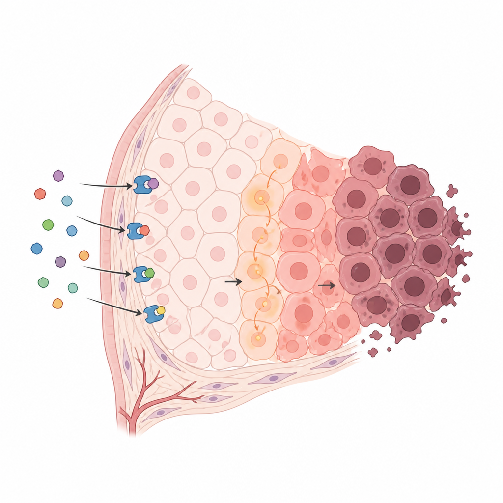 Figure 2. Come una piccola molecola inquinante può legarsi a proteine mammarie e spostare il comportamento cellulare verso la crescita tumorale