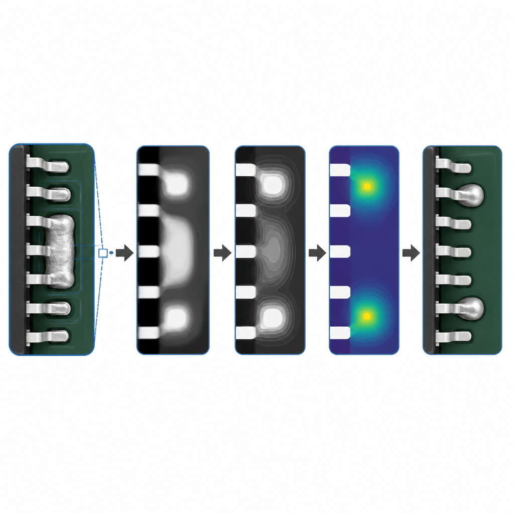 Figure 2. Cómo un segundo paso de procesamiento focalizado separa limpiamente juntas de soldadura que inicialmente parecían fusionadas.