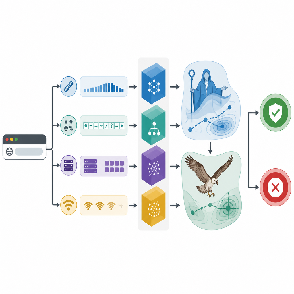 Figure 2. Vista paso a paso de una URL siendo descompuesta en características, procesada por modelos en capas y optimizadores inspirados en la naturaleza hasta llegar a una decisión de segura o no segura.