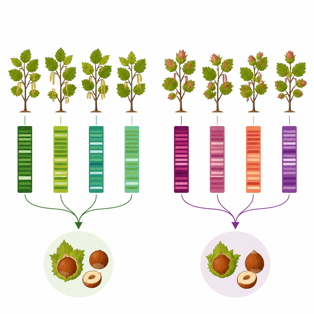 Figure 2. Genetische barcodes en noteneigenschappen sorteren hazelnootbomen in twee duidelijke groepen en onthullen verborgen diversiteit voor veredeling.