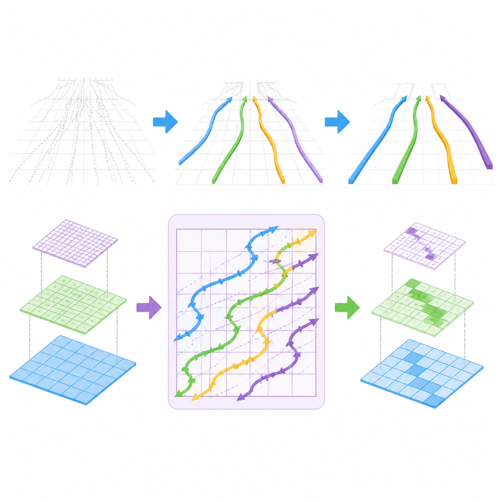 Figure 2. Hoe multi-schaal kenmerken, speciale scanpaden en slimme ankerselectie ruisachtige baanmarkeringen omzetten in schone 3D-baancurven.