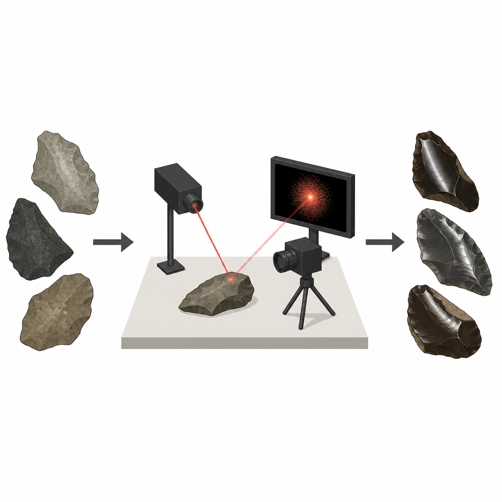 Figure 1. Wie der Glanz eines Steinwerkzeugs mithilfe eines einfachen Laser‑ und Kamerasetups auf antike Wärmebehandlung hinweisen kann
