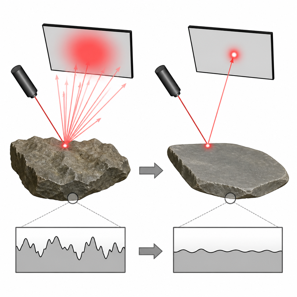 Figure 2. Vergleich gestreuter versus fokussierter Laserreflexionen zur Unterscheidung rauer und glatter Steinwerkzeugoberflächen
