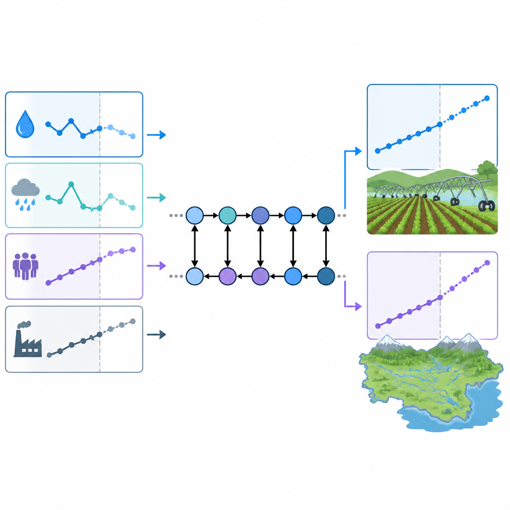 Figure 2. Hoe een bidirectioneel neuraal netwerk historische water-, klimaat- en bevolkingsgegevens omzet in toekomstige landbouw- en totale gebruikscurven.
