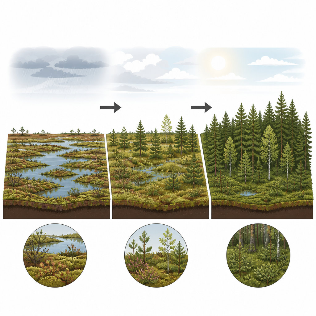 Figure 1. Hoe een landschap van Baltisch hoogveen in veertig jaar van open moeras naar grotendeels bos is verschoven door opwarming en drainage.