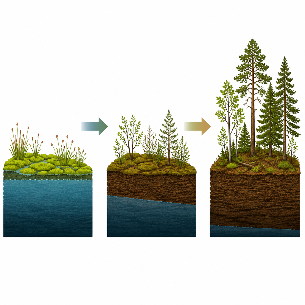Figure 2. Hoe het verlagen van de grondwaterstand in veengrond stap voor stap struiken en bomen in staat stelt het open, mosrijke veen te vervangen.