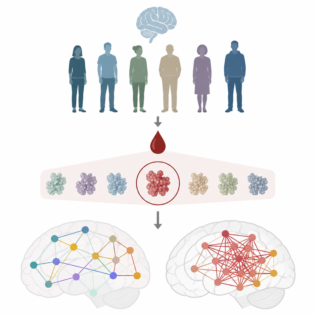 Figure 1. Hoe een bloedproteïne dat met Alzheimer’s wordt geassocieerd samenhangt met communicatie binnen hersennetwerken bij anderszins gezonde oudere vrouwen.