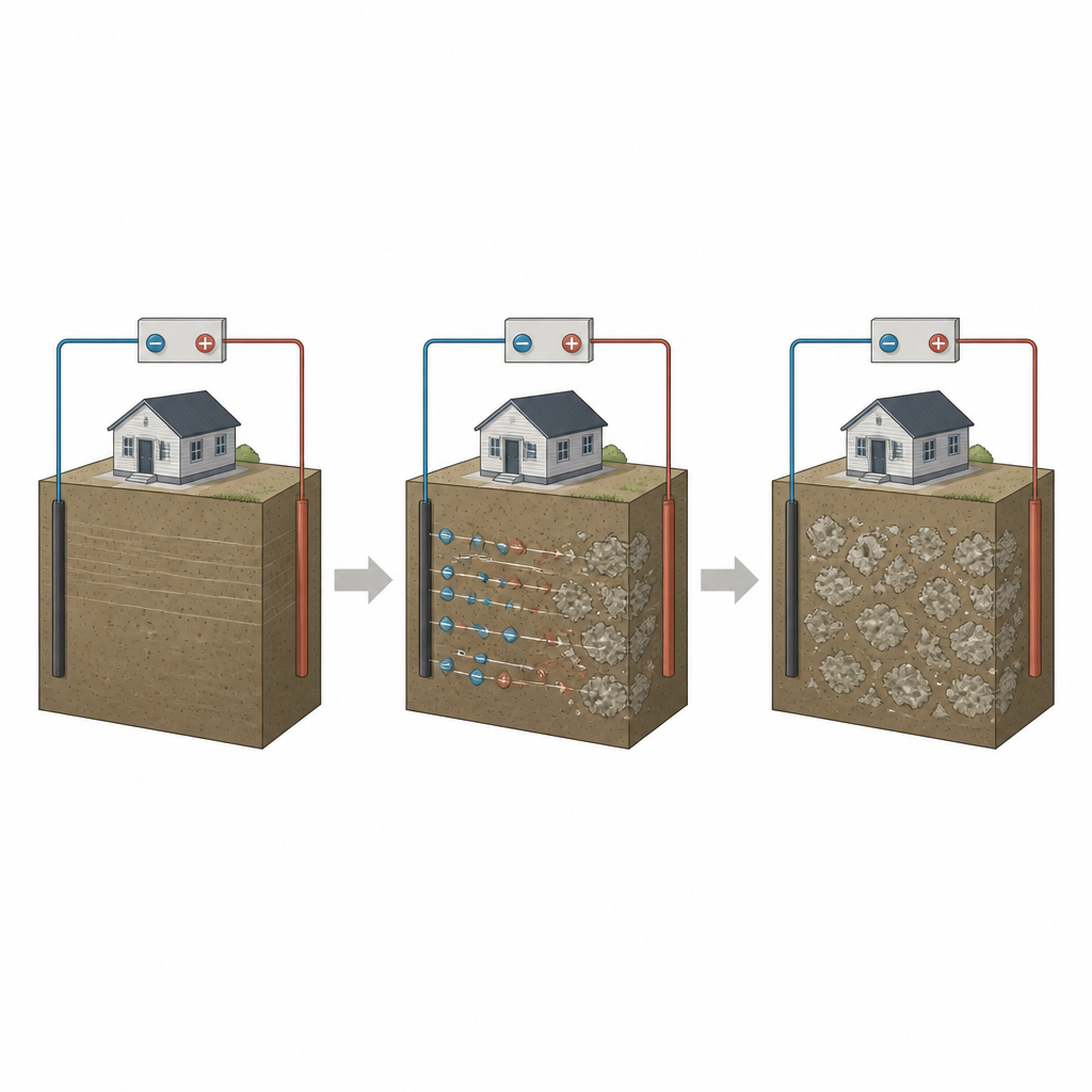 Figure 1. Zachte elektrische stromen verplaatsen zouten door kleigrond om vaste mineralen te vormen die helpen de ondergrond te stabiliseren en enige koolstof op te slaan.