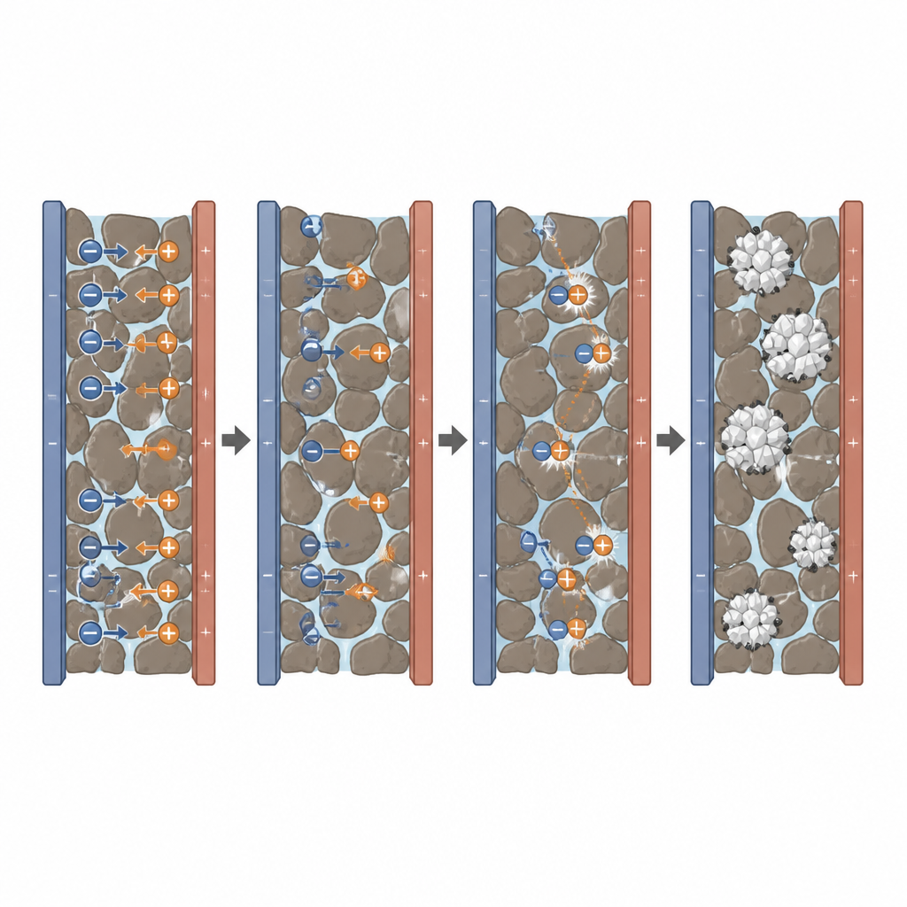 Figure 2. In behandelde klei verplaatsen ionen zich tussen elektroden en kristalliseren ze als nieuwe mineraalklusters die koolstof binnen het bodemmatrix insluiten.