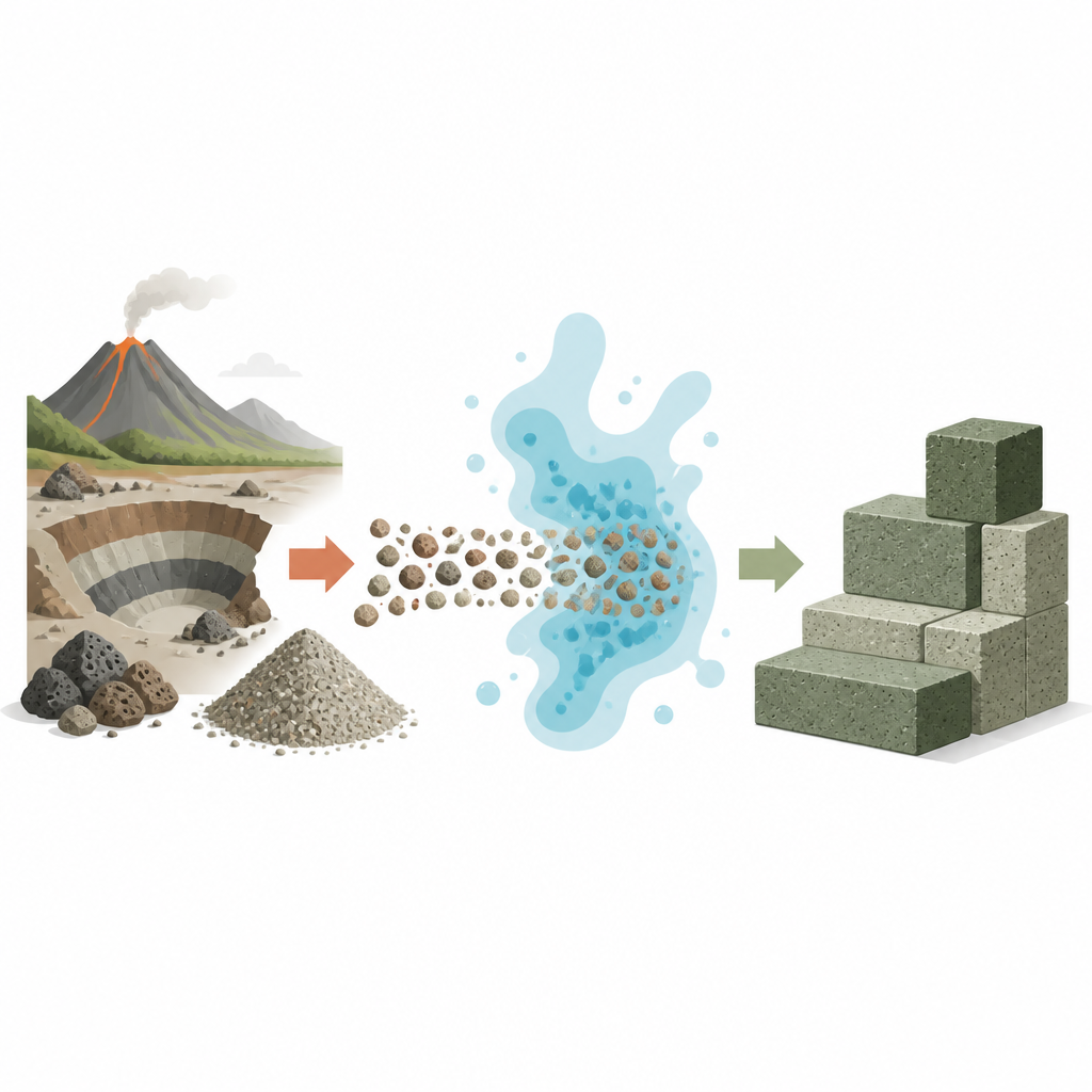 Figure 1. Hoe vulkanisch gesteentepoeder en een alkalische vloeistof samen sterke, cementachtige blokken voor de bouw vormen.