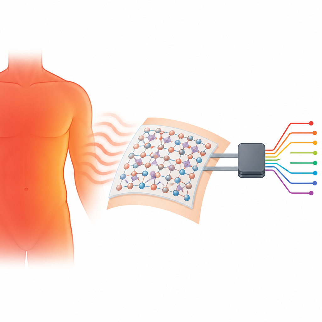 Figure 1. Lichaamswarmte drijft een dun, flexibel film dat warmte omzet in bruikbare elektrische energie voor kleine apparaten.