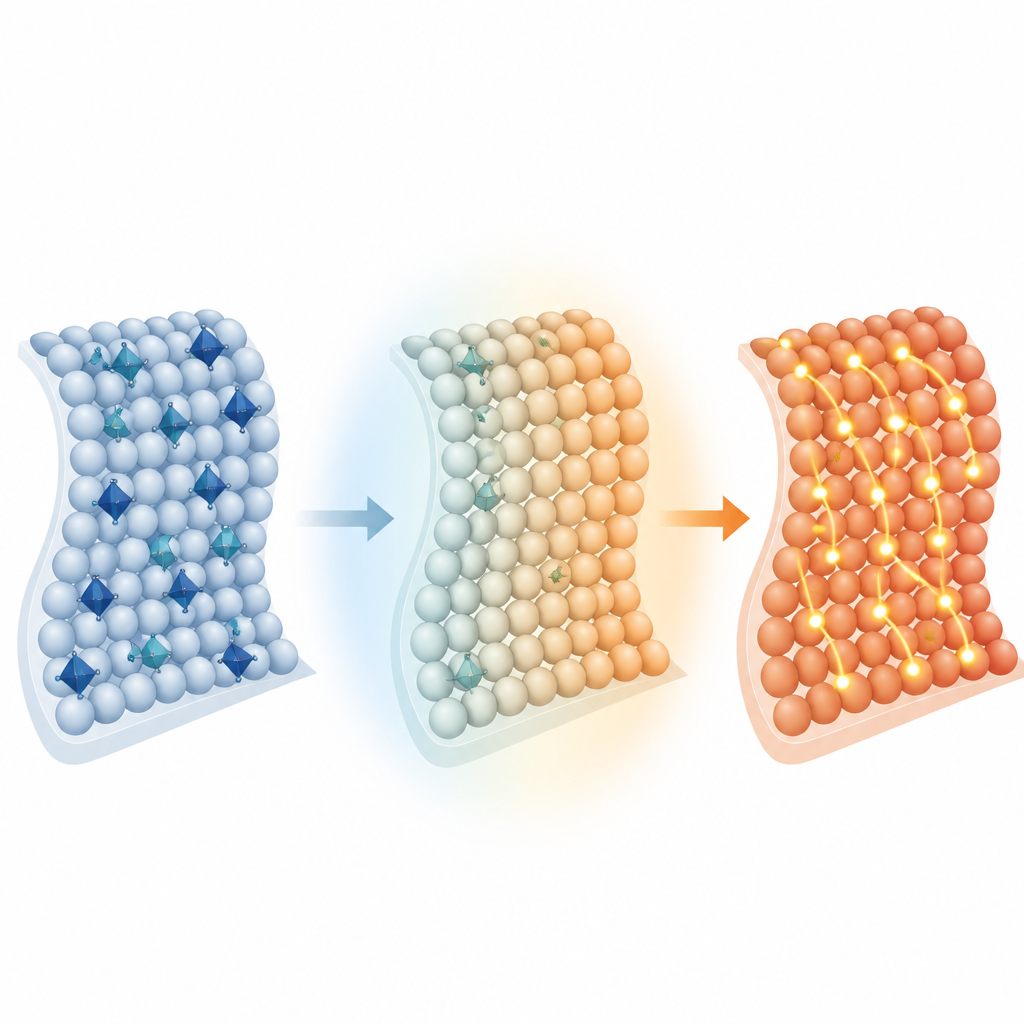 Figure 2. Verwarmen herstructureert gemengde moleculen zodat minder ladingen bewegen maar elk meer energie draagt, wat de thermoelectrische opbrengst verhoogt.