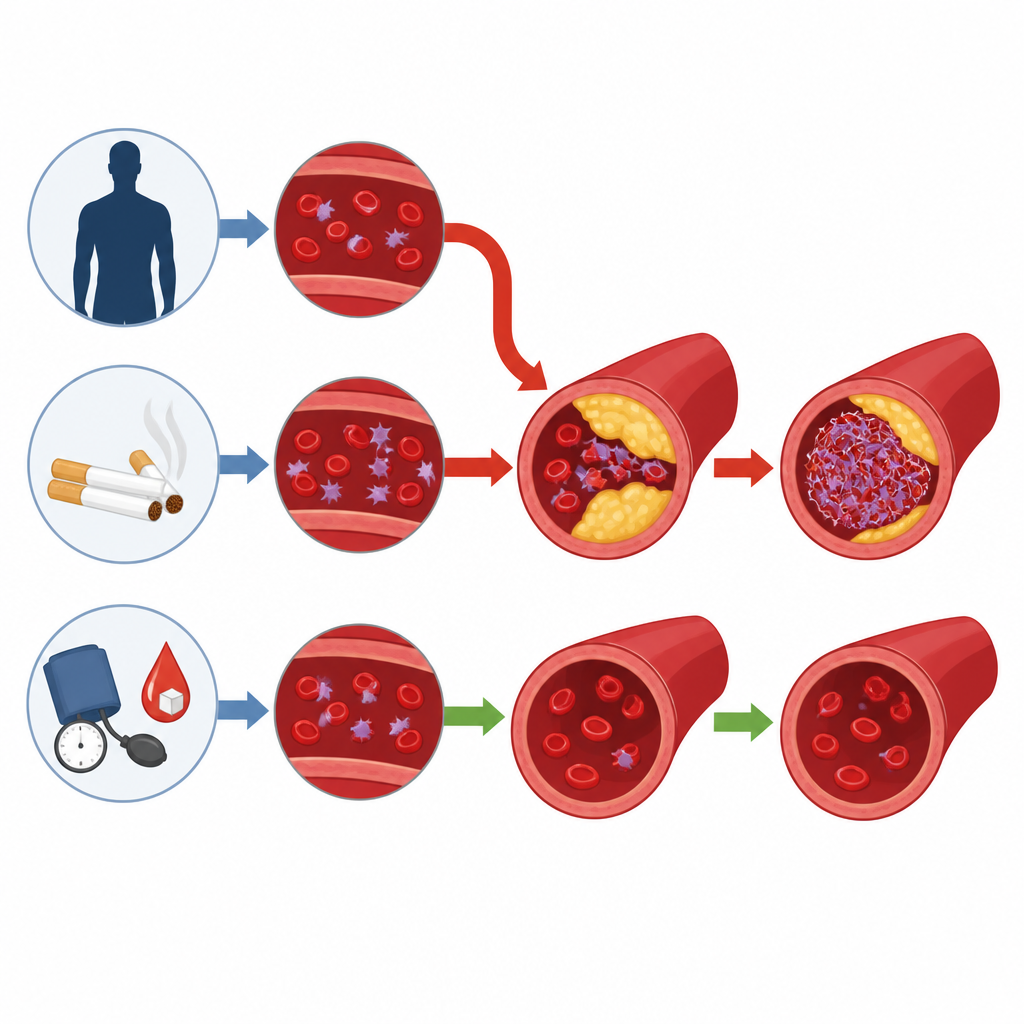 Figure 2. Come il fumo, l’ipertensione di lunga durata e il controllo glicemico insufficiente spingono i vasi sanguigni verso la formazione di coaguli pericolosi.
