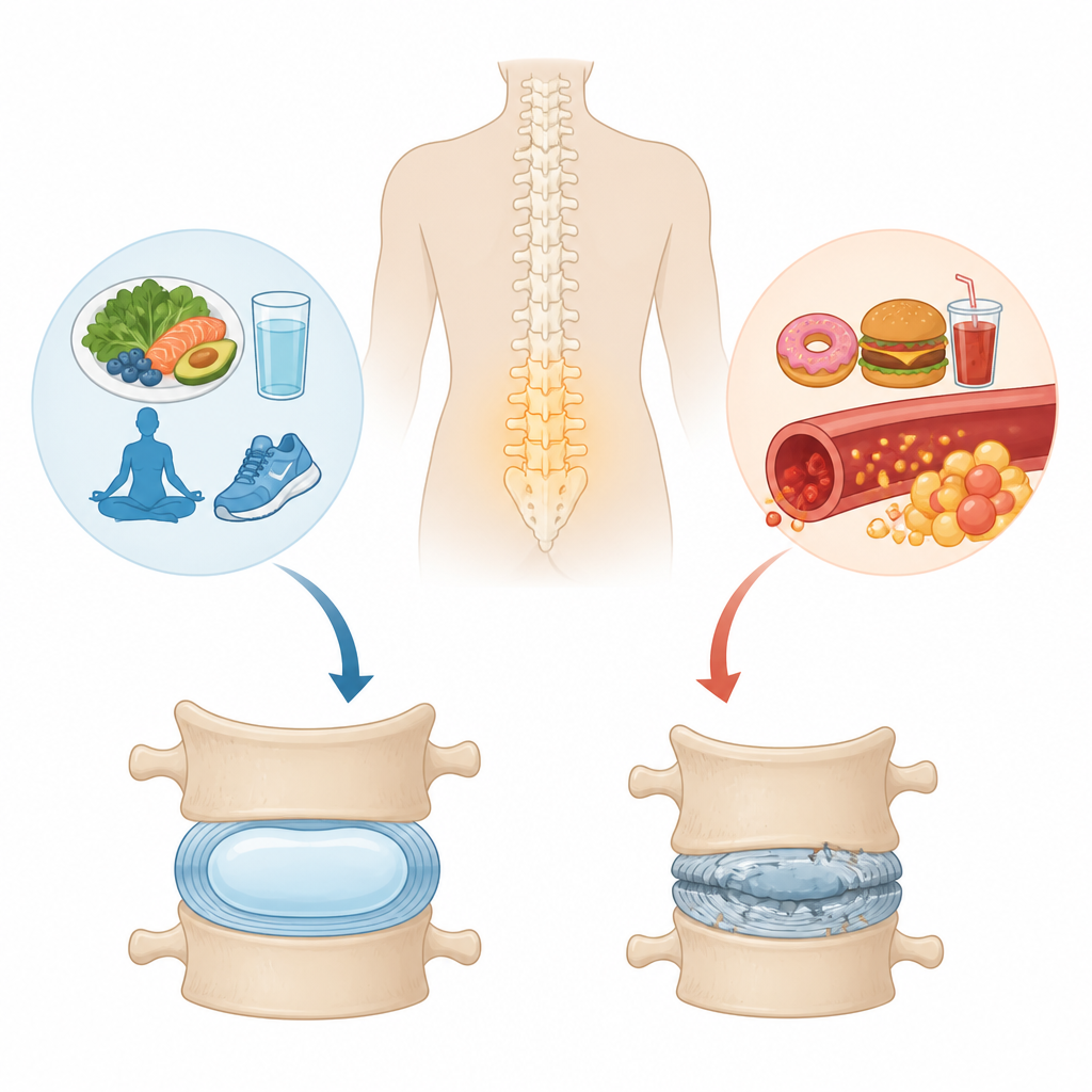 Figure 1. Hoe type 2-diabetes de kussentjes in de onderrug verandert die die de wervelkolom beschermen.