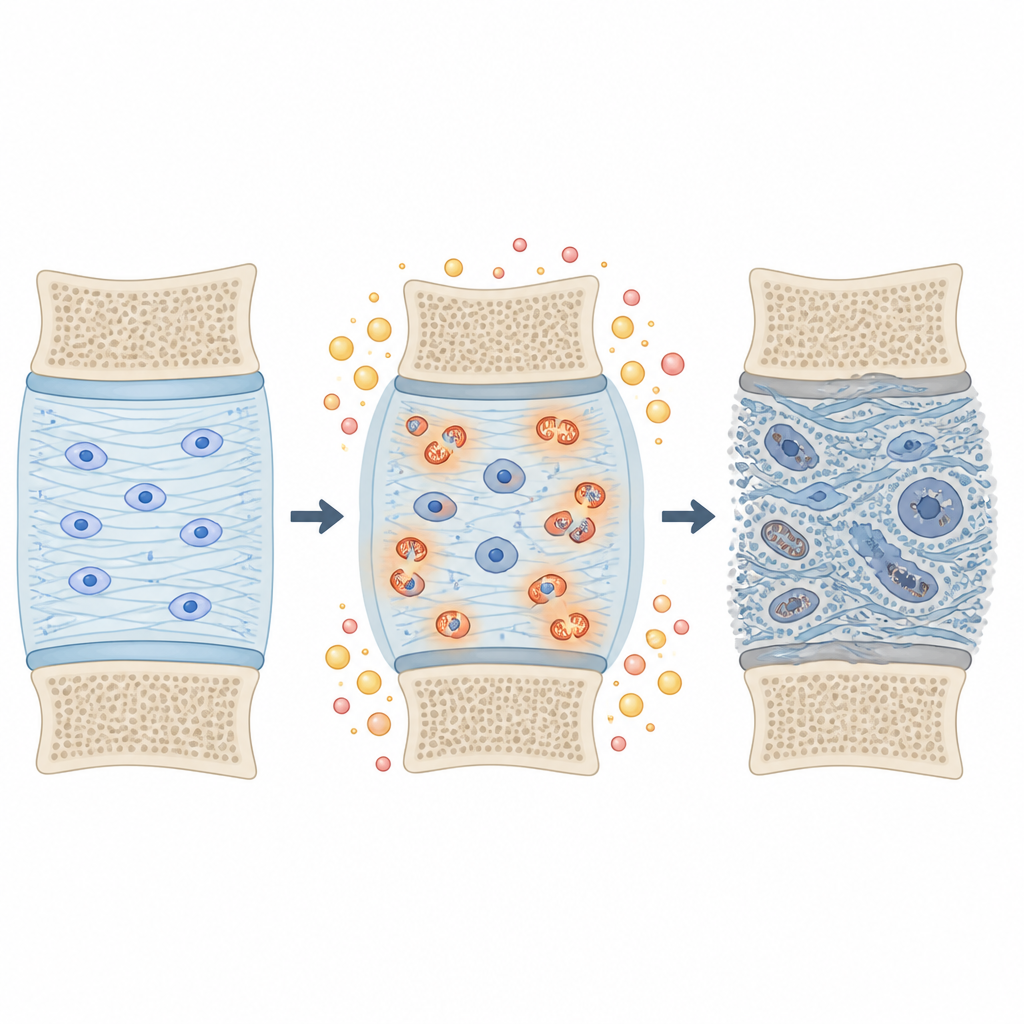 Figure 2. Hoe hoge suiker- en vetomstandigheden in de loop van de tijd moleculaire schade in een tussenwervelschijf veroorzaken.