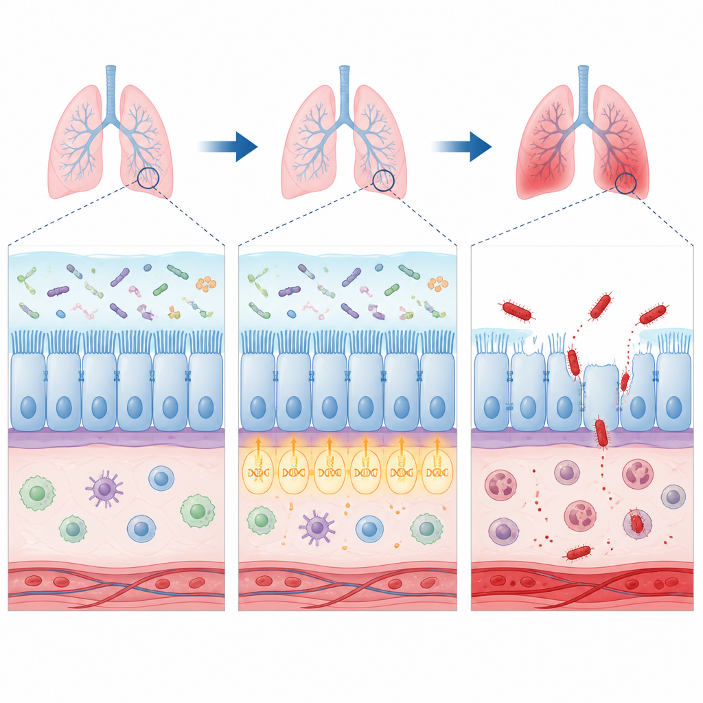 Figure 2. تعمل بطانة الرئة الواقية ونشاط الجينات على ضبط الميكروبات؛ عندما يفشل ذلك، يؤدي نشاط عدد قليل من مسببات الأمراض إلى حدوث الالتهاب الرئوي.