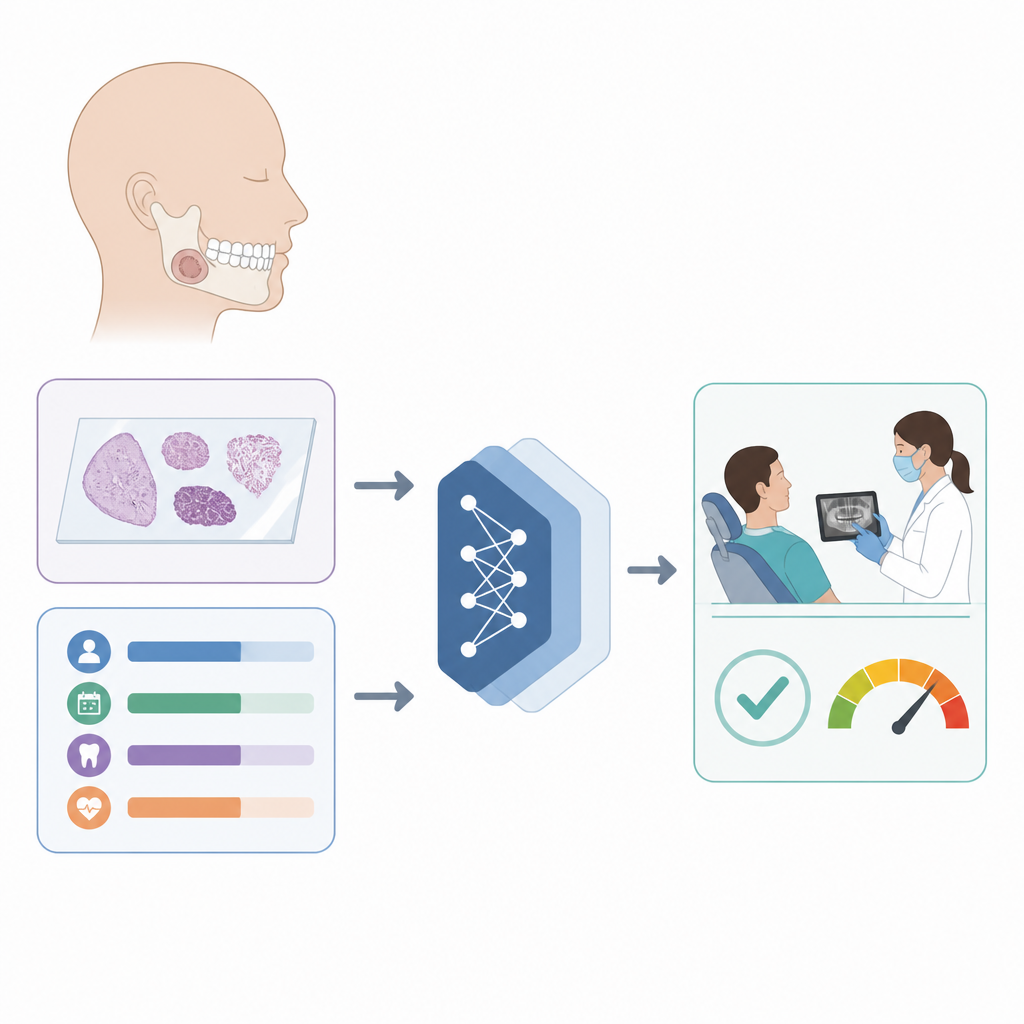 Figure 1. Yapay zeka sistemi, çene doku görüntülerini ve hasta verilerini birleştirerek diş hekimliğinde kist tanısını ve nüks riskini yönlendirmeye yardımcı olur.