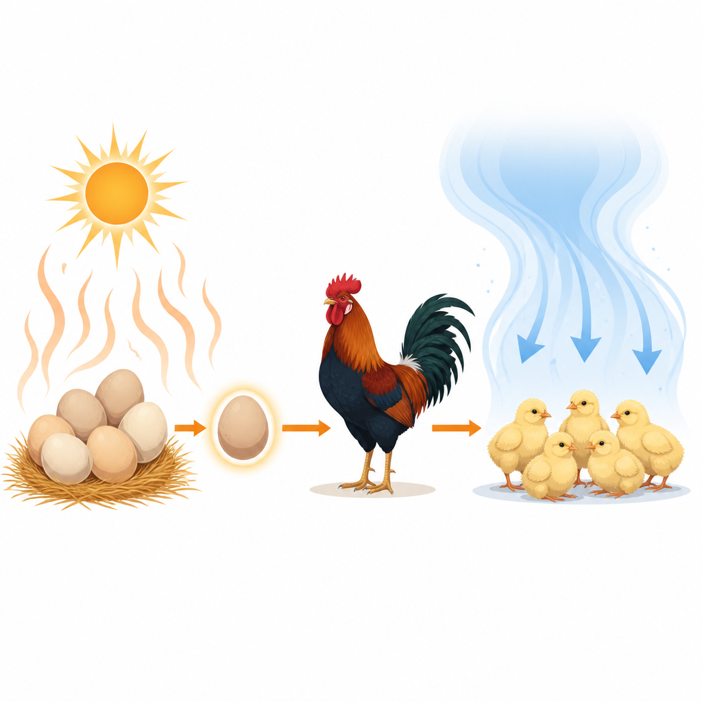 Figure 1. Il riscaldamento precoce degli embrioni di gallo porta a figli i cui pulcini rimangono più freschi e affrontano meglio le ondate di calore successive.